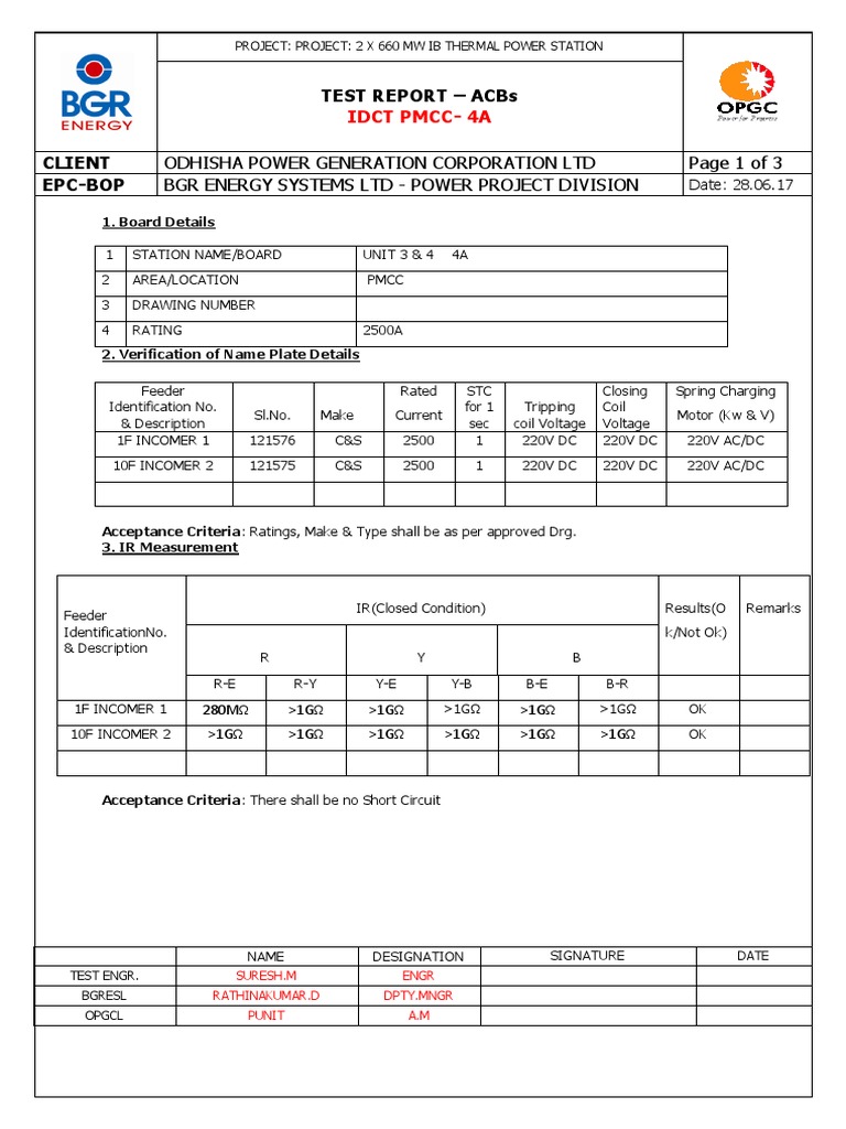 ACB Test Report for Thermal Power Station | PDF