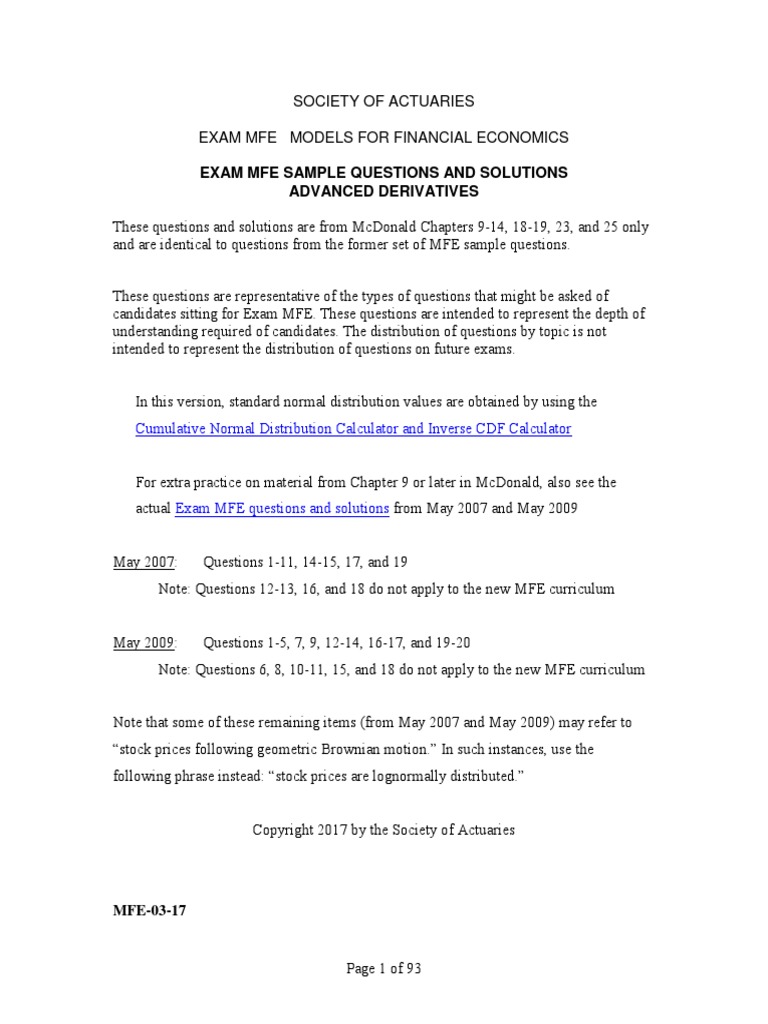 Mfe Sample Questions Solutions Adv Derivatives | PDF | Black–Scholes ...