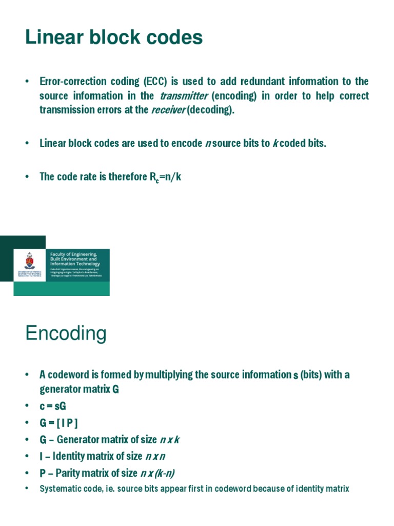Linear Block Codes: Transmitter Receiver N K | PDF | Technology ...