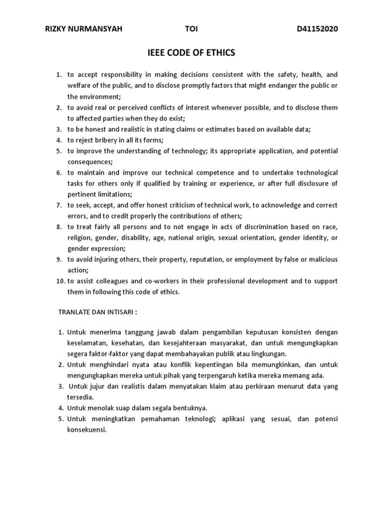 Ieee Code of Ethics: Rizky Nurmansyah TOI D41152020 | PDF