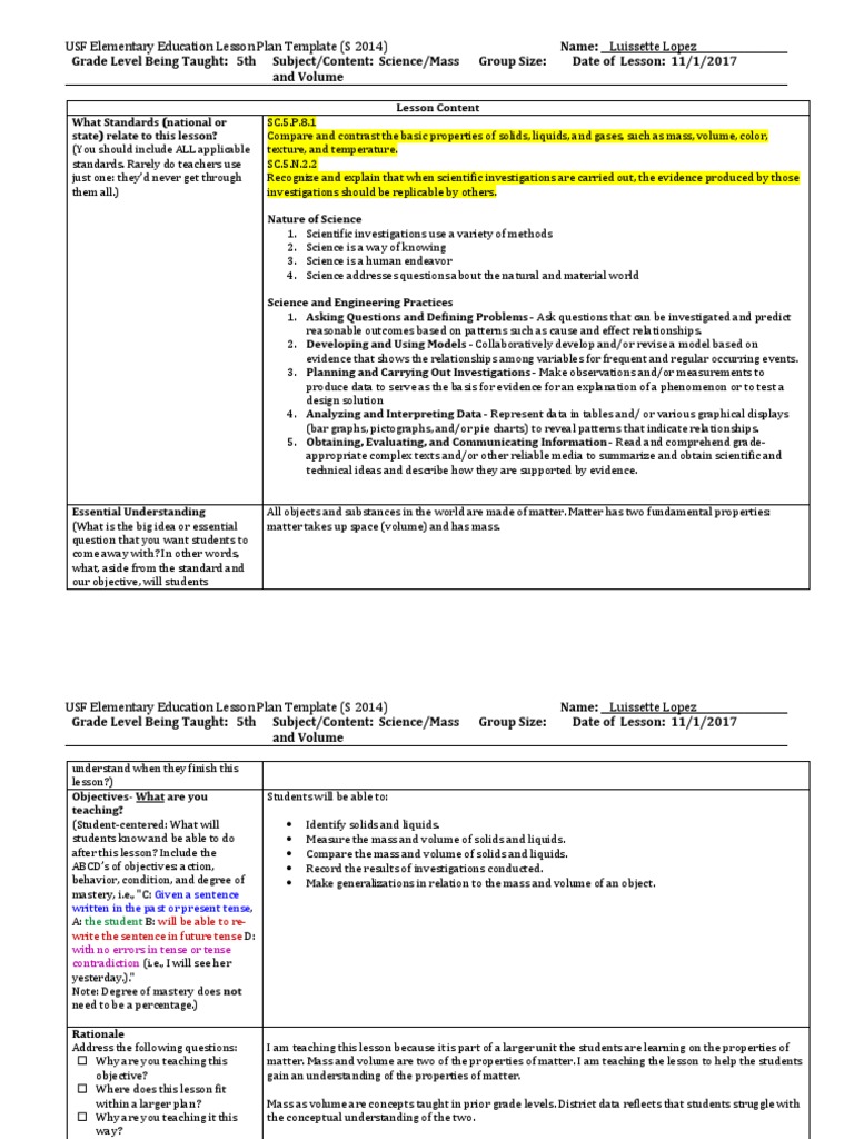 5th Grade Science Lesson on Mass & Volume | PDF | Lesson Plan | Matter