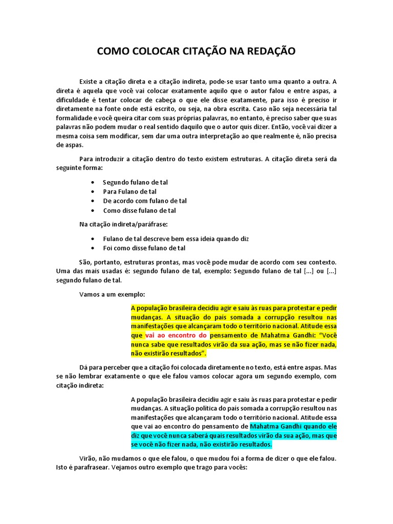 Como Citar na Redação: Diretas e Indiretas | PDF | Citação | Albert ...