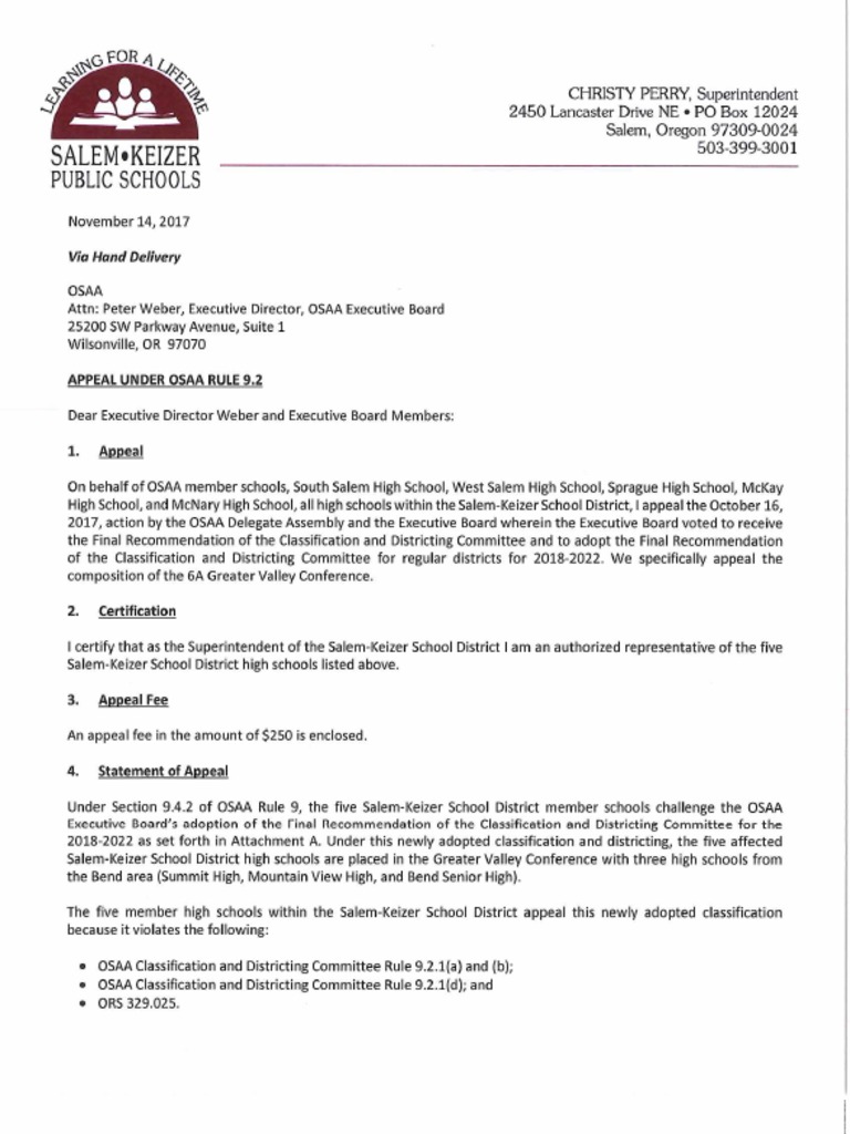 SalemKeizer School Board OSAA Appeal Letter