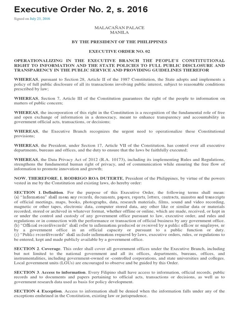 Executive Order No 2 Freedom Of Information Laws By Country