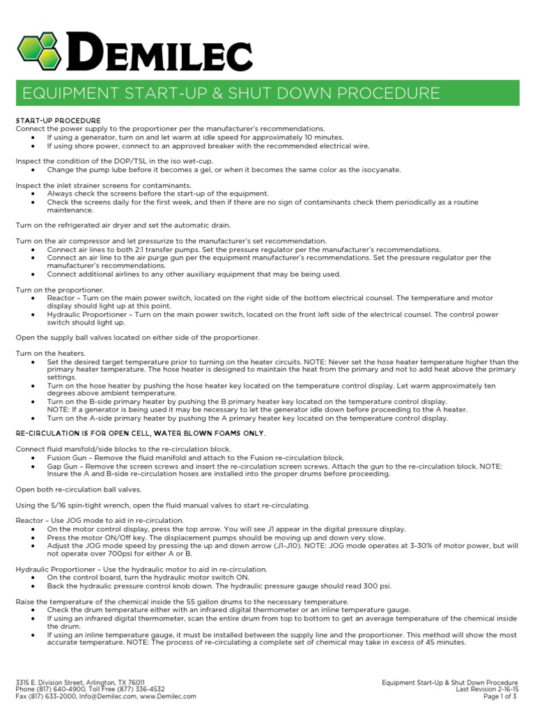 Equipment Start Up Shut Down Procedure PDF Valve Hvac