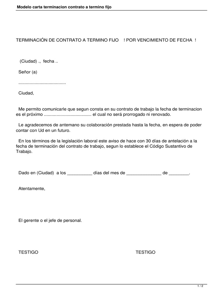 Modelo Carta Terminacion Contrato A Termino Fijo | PDF | Labor | Business