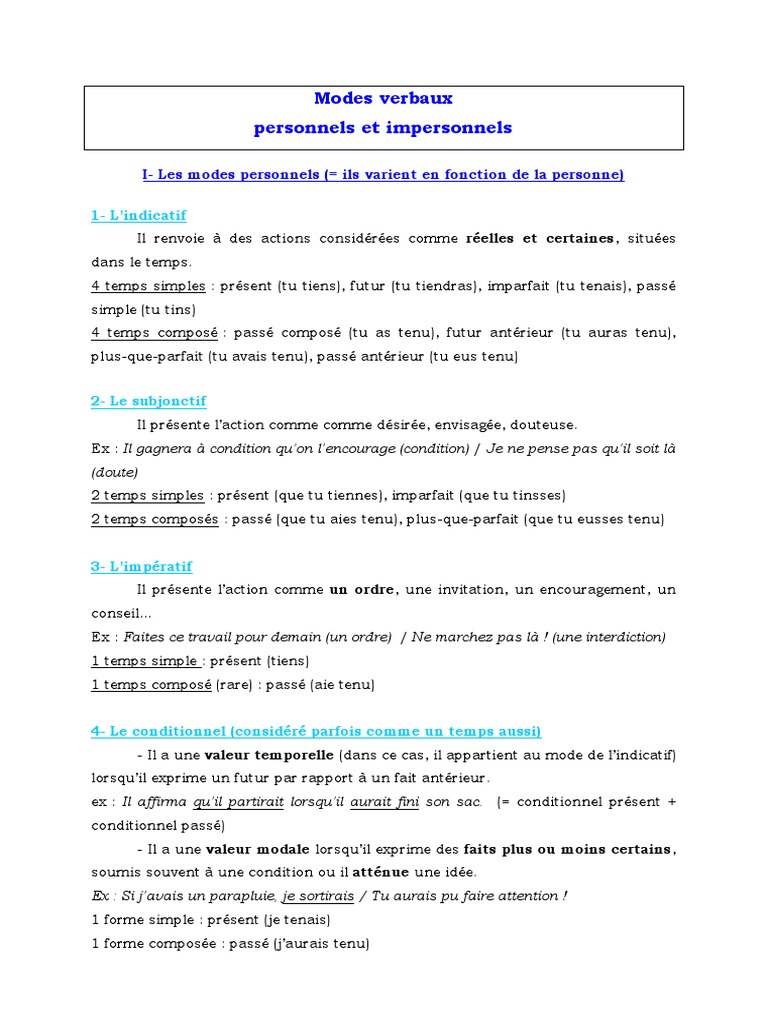 Exercices Modes Et Temps 3ème Pdf Les Modes | PDF | Temps (grammaire) | Onomastique