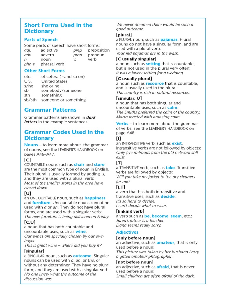 Short Forms Used in The Dictionary Parts of Speech Pajamas PDF