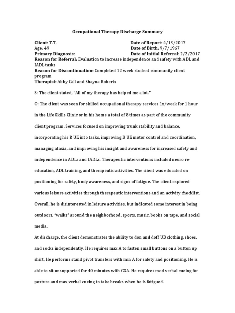 OT Discharge Summary for Client T.T. | PDF | Balance (Ability ...