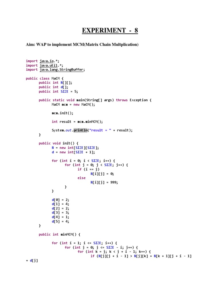 Experiment - 8: Aim: WAP To Implement MCM (Matrix Chain Multplication ...