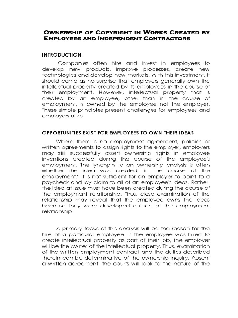 Ownership of Copyright in Works Created by Employees and Independent
