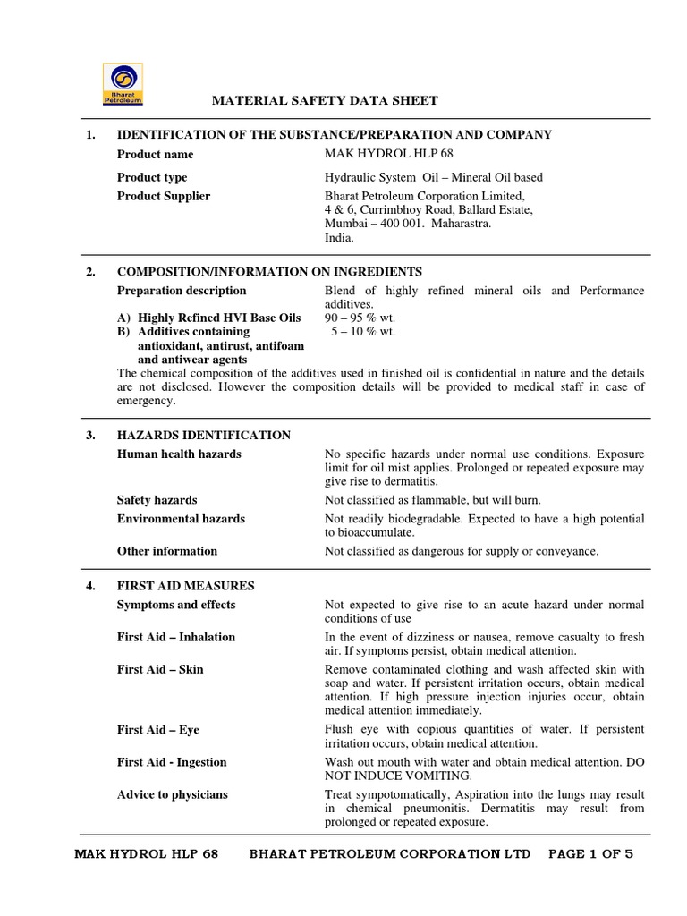 Mak Hydrol HLP 68 (MSDS) PDF Waste Management Carbon