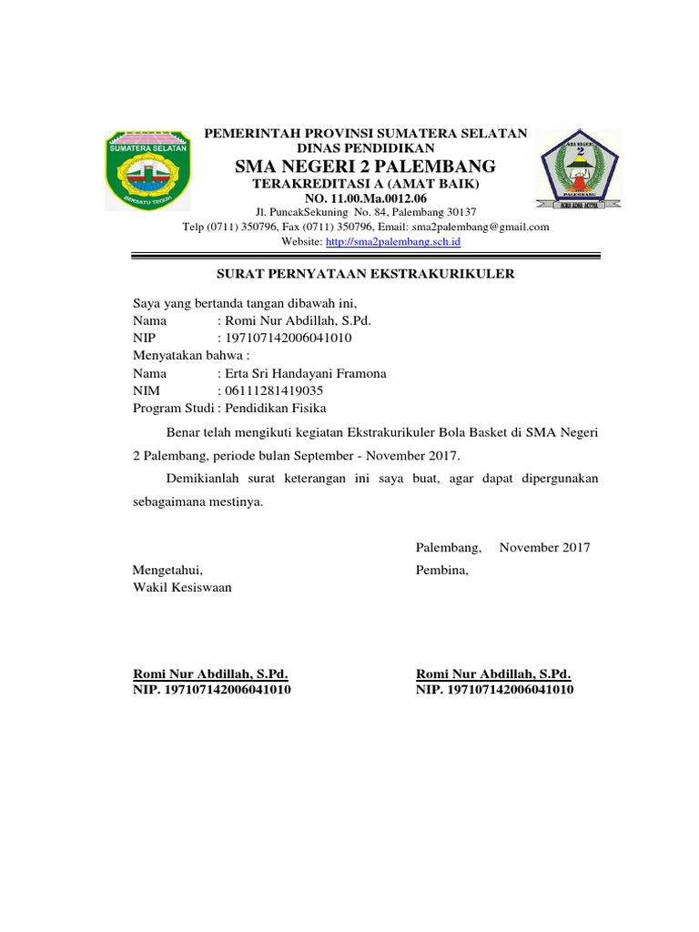 Surat Pernyataan Ekstrakurikuler