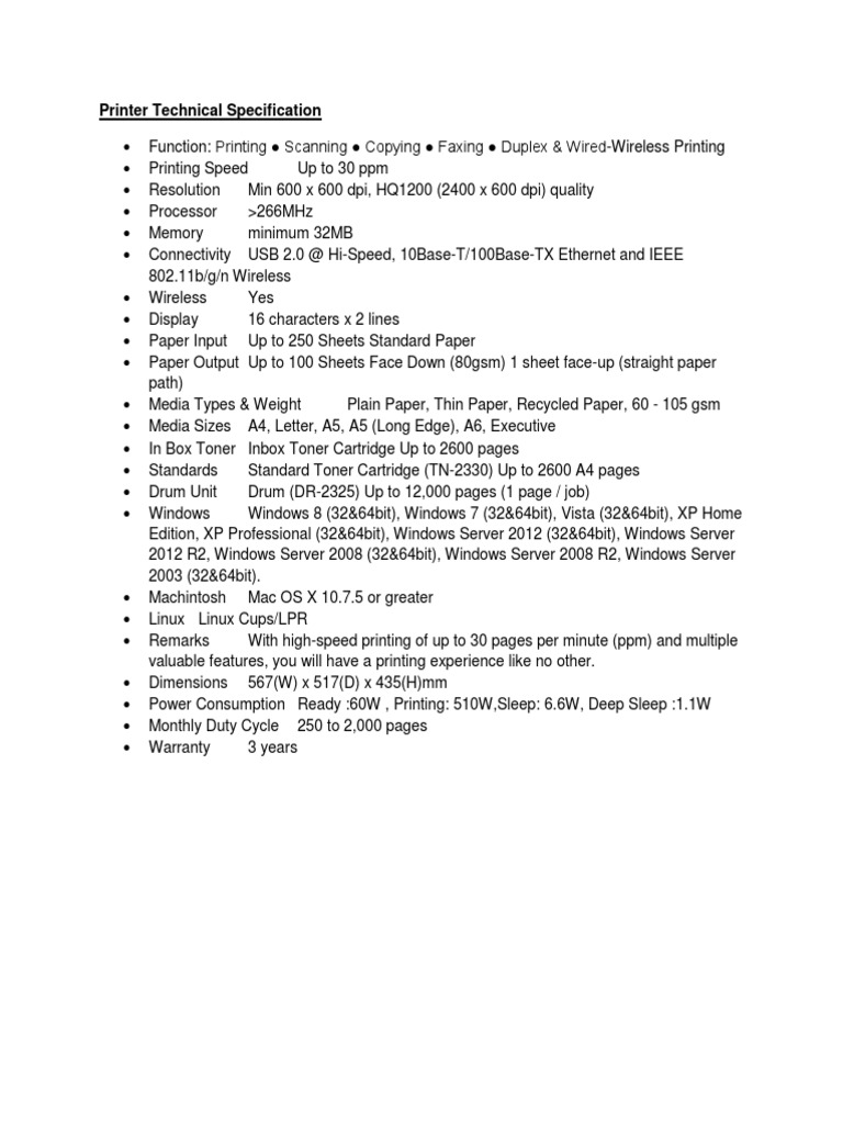 Printer Specifications Overview | PDF
