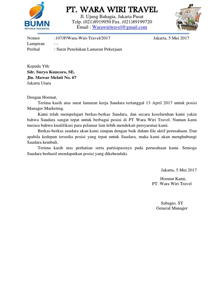 SURAT BISNIS - SURAT PENOLAKAN LAMARAN PEKERJAAN - TERSIA INTAN PRATIWI