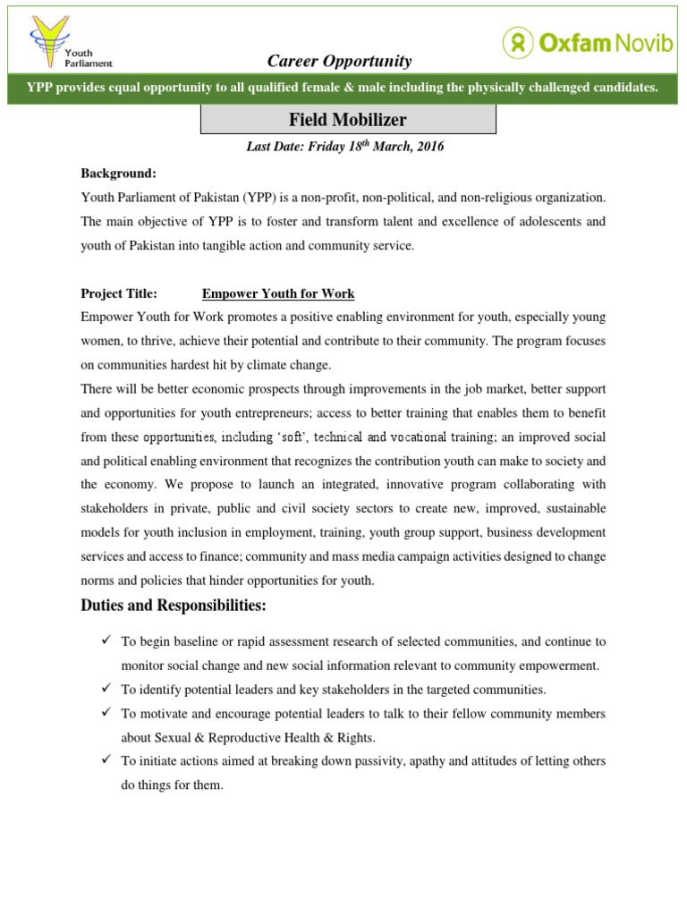 Field Mobilizer Career Opportunity PDF Community Further Education