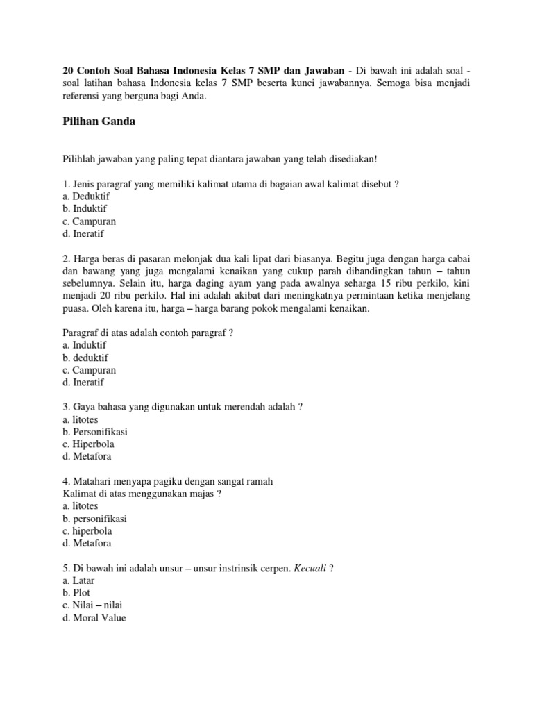 20 Contoh Soal Bahasa Indonesia Kelas 7 Smp Dan Jawaban