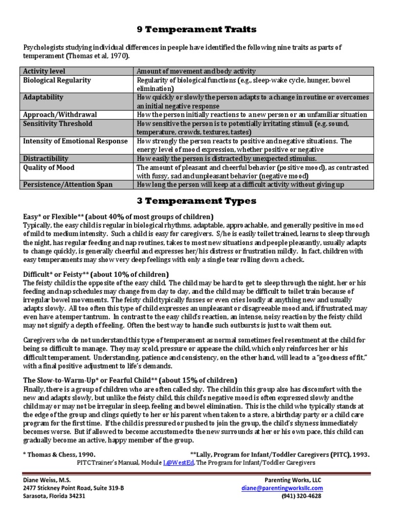 Nine Temperament Traits And Three Temperament Types Pdf Temperament