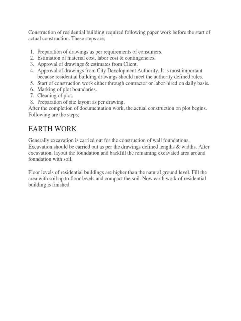 Steps for Residential Building Construction | PDF | Masonry | Concrete