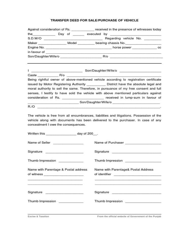 Vehicle Transfer Deed Form PDF | PDF | Wheeled Vehicles | Car