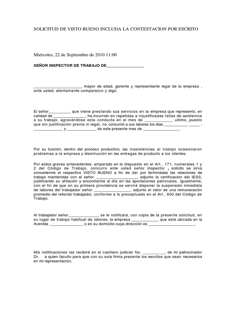 Solicitud de Visto Bueno Includa La Contestacion Por Escrito Gobierno