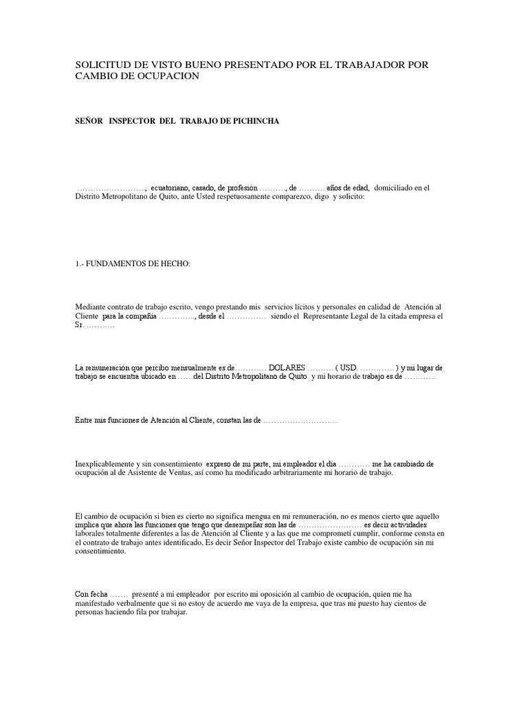Solicitud de Visto Bueno Presentado Por El Trabajador Por CA PDF