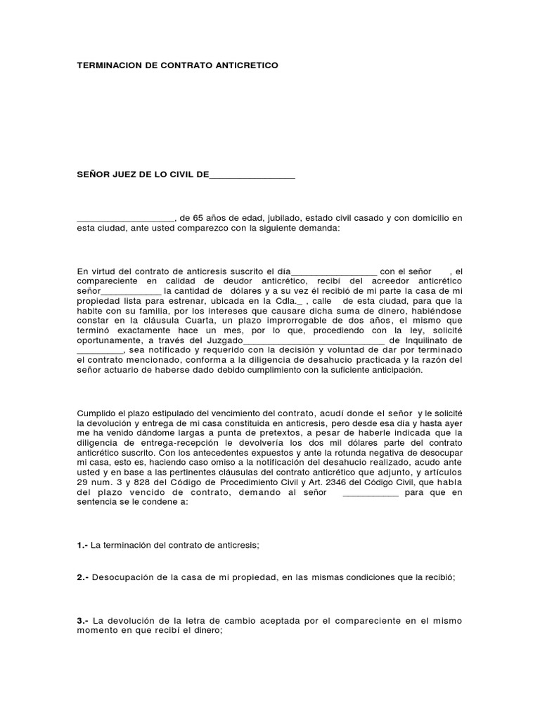 Terminación de contrato de anticresis