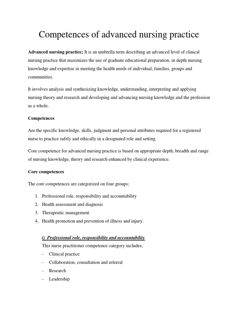 Core Competences in Advanced Nursing Practice | PDF | Nurse ...