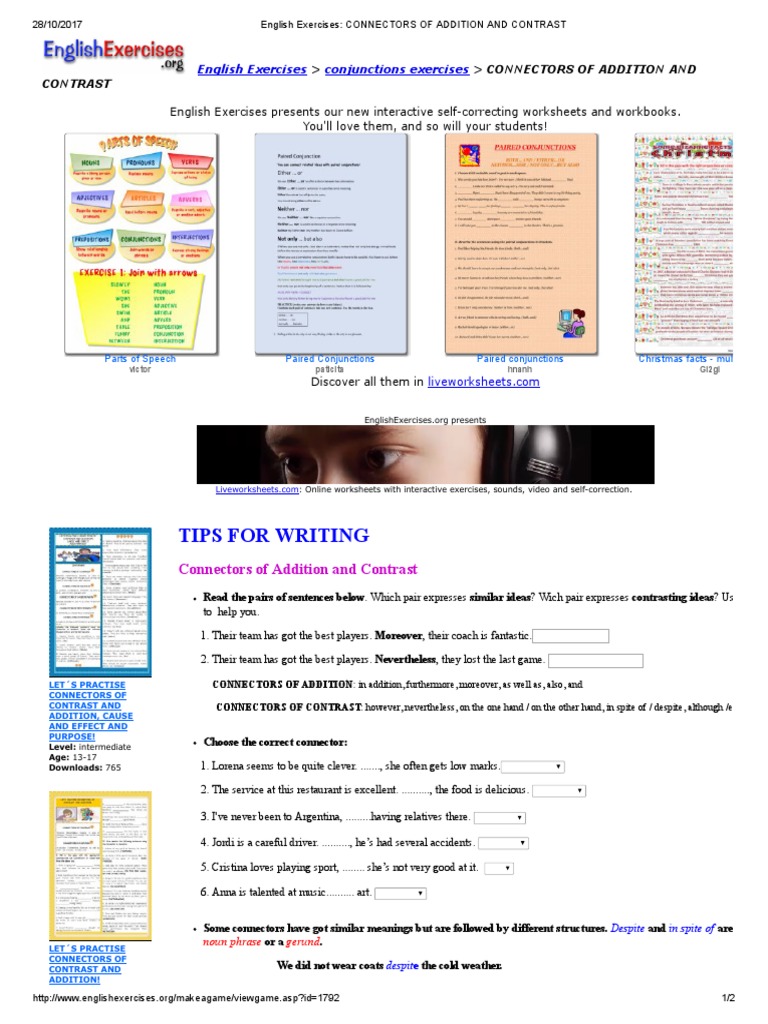 Exercises Connectors of Addition and Contrast PDF Sentence