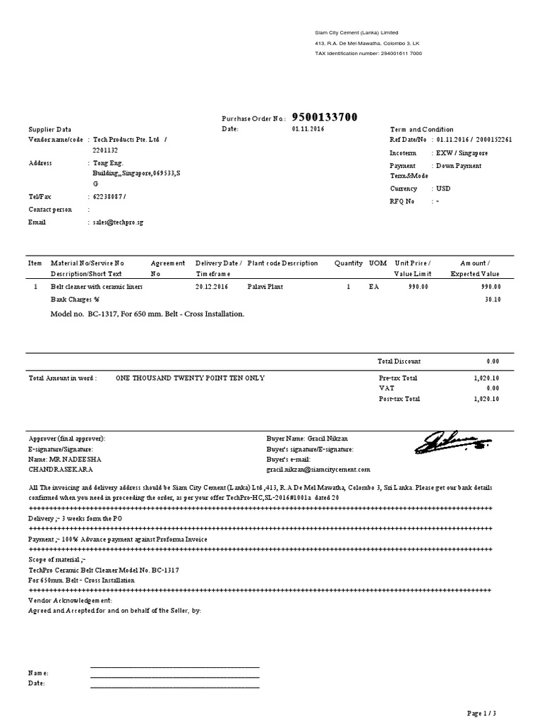 Purchase Order for TechPro Belt Cleaner | PDF | Invoice | Business