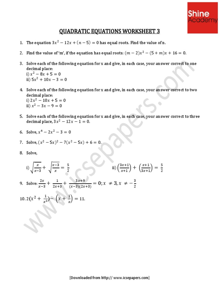 Quadratic Equations Worksheet 3