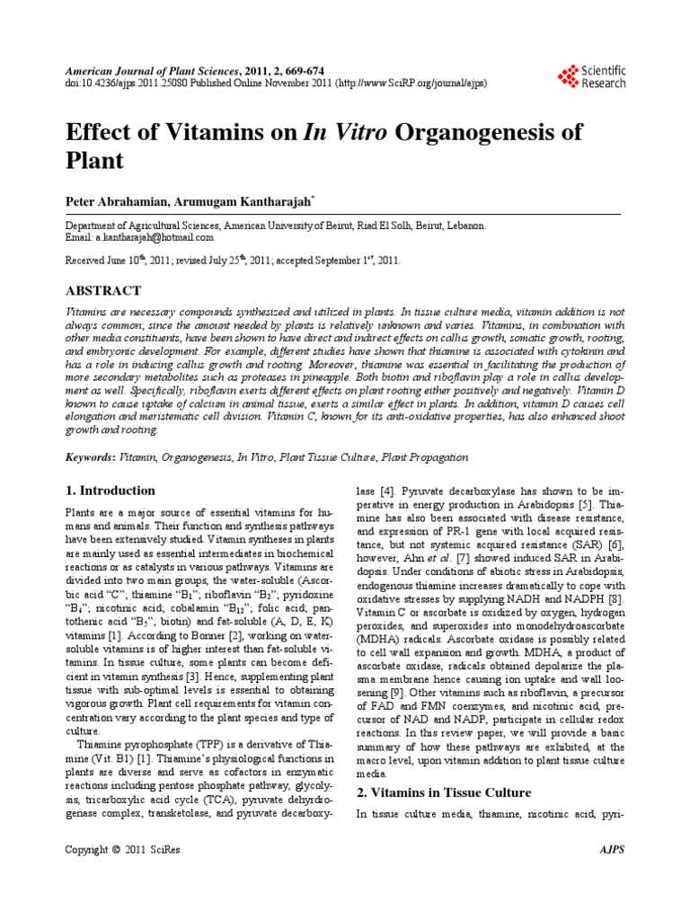Effect of Vitamins On in Vitro Organogenesis of Plant: Peter Abrahamian ...