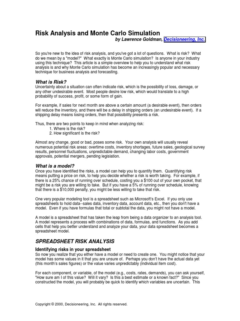 Risk Analysis and Monte Carlo Simulation PDF | PDF