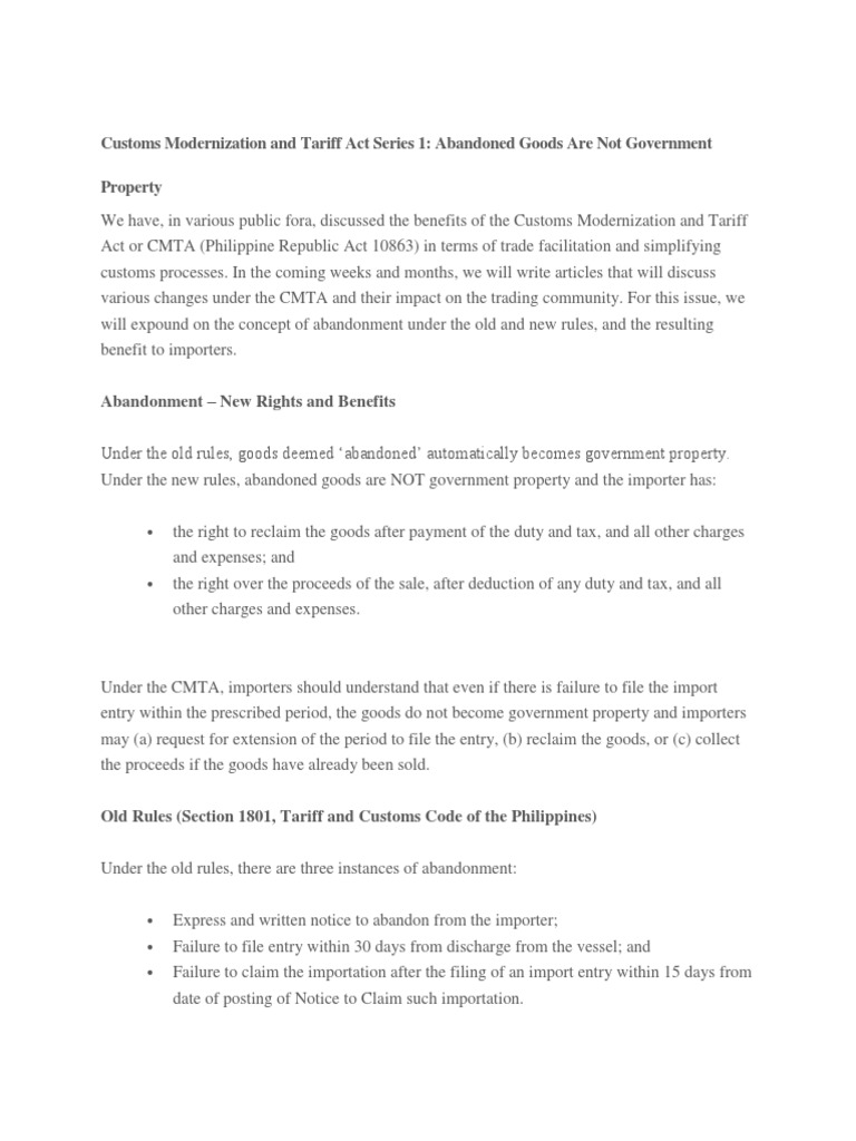 Customs Modernization and Tariff Act Series Customs Trade