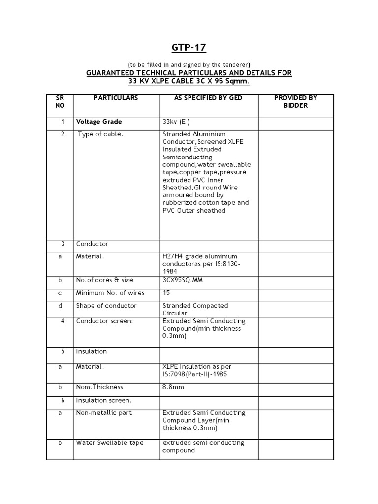 33kV XLPE Cable Technical Specifications | PDF | Extrusion | Insulator ...