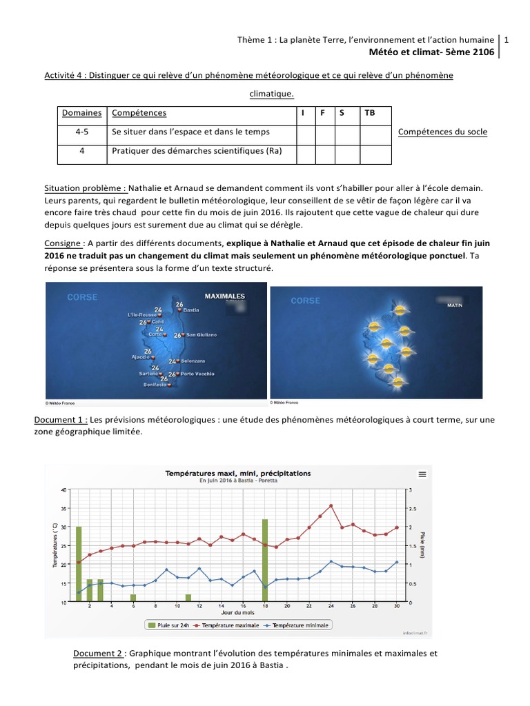 Météo Et Climat Svt 4eme Evaluation Pdf