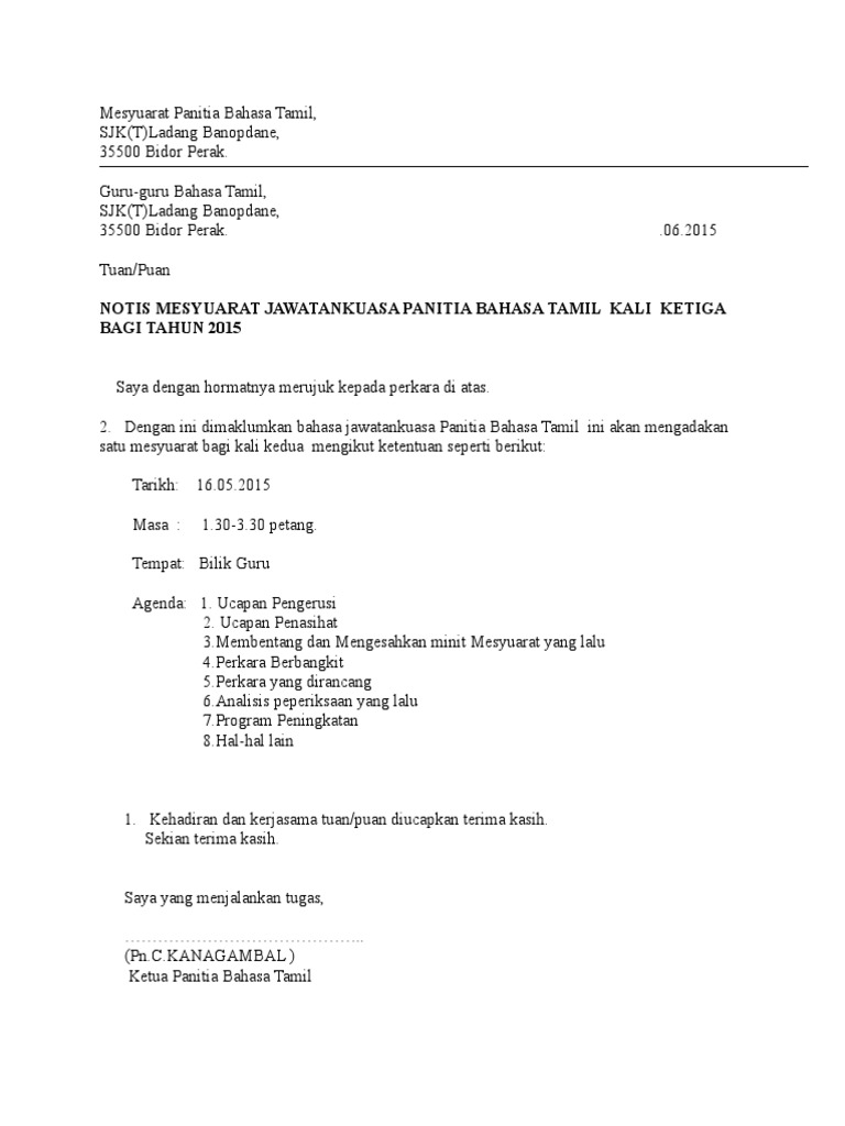 Mesyuarat Panitia Bahasa Tamil 3 Kali 2 Pdf