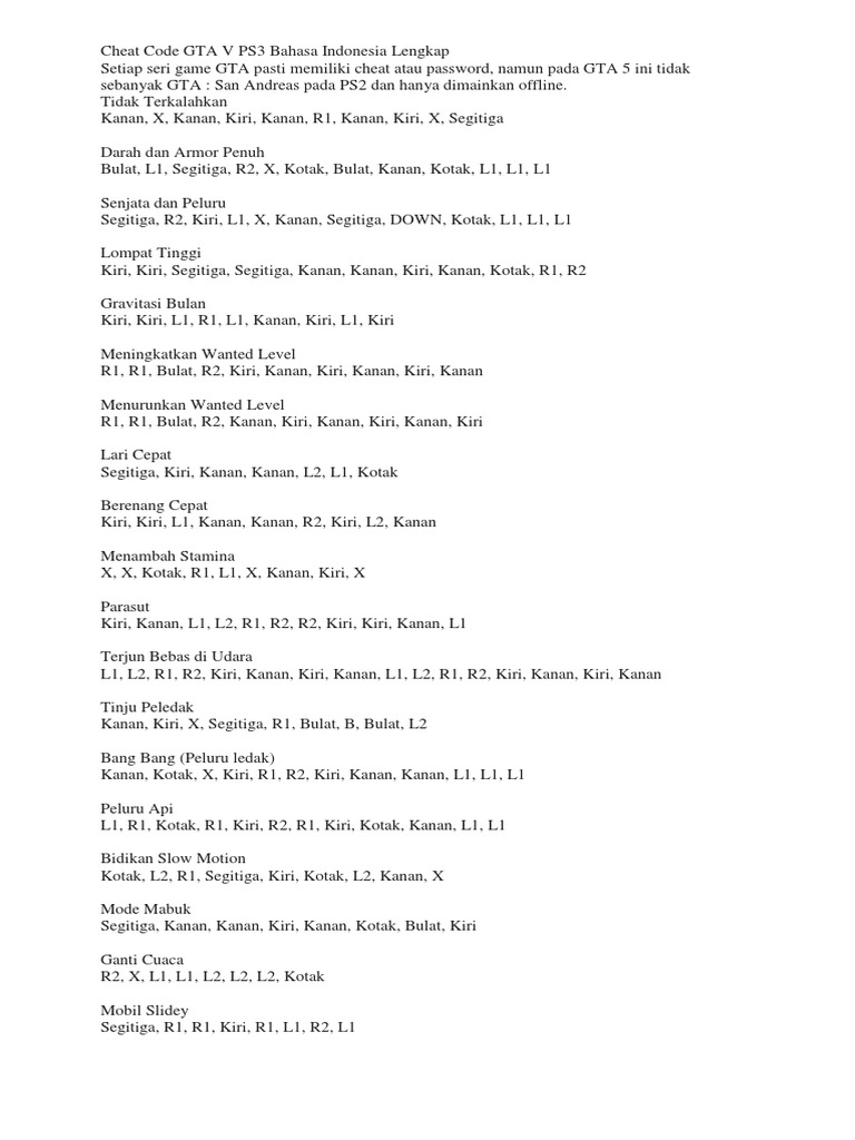 Cheat Code Gta V Ps3 Bahasa Indonesia Lengkap Pdf