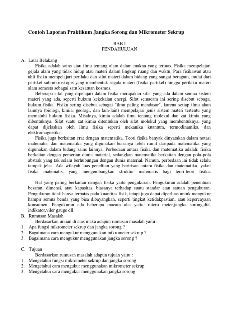 Contoh Laporan Praktikum Jangka Sorong Dan Mikrometer Sekrup | PDF