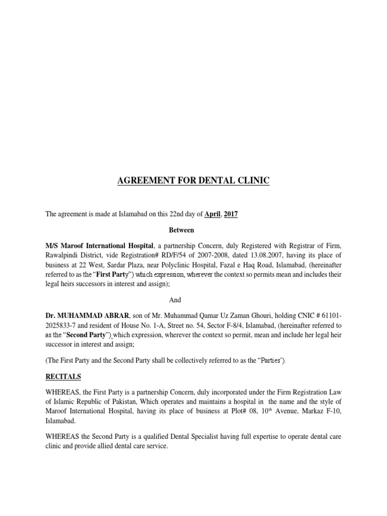 Dental Clinic Agreement Docx Indemnity Arbitration