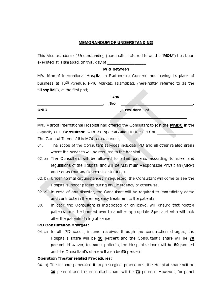 Doctor-Hospital MOU Agreement Template | PDF | Hospital | Patient