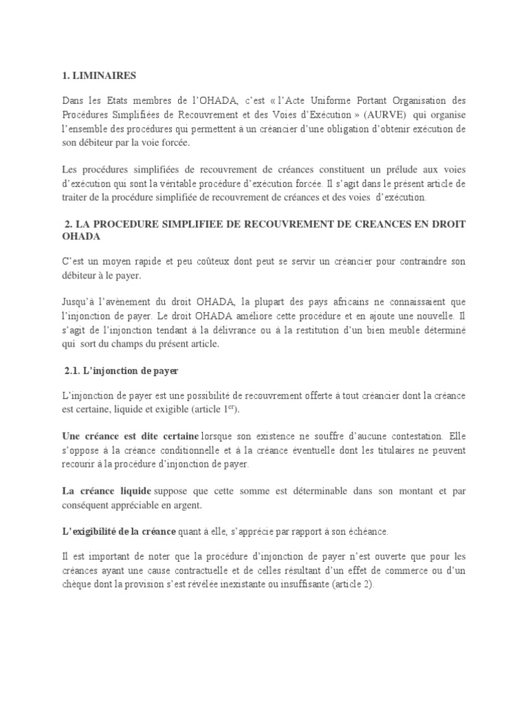 Procédure Simplifiée de Recouvrement OHADA | PDF | Injonction de payer ...