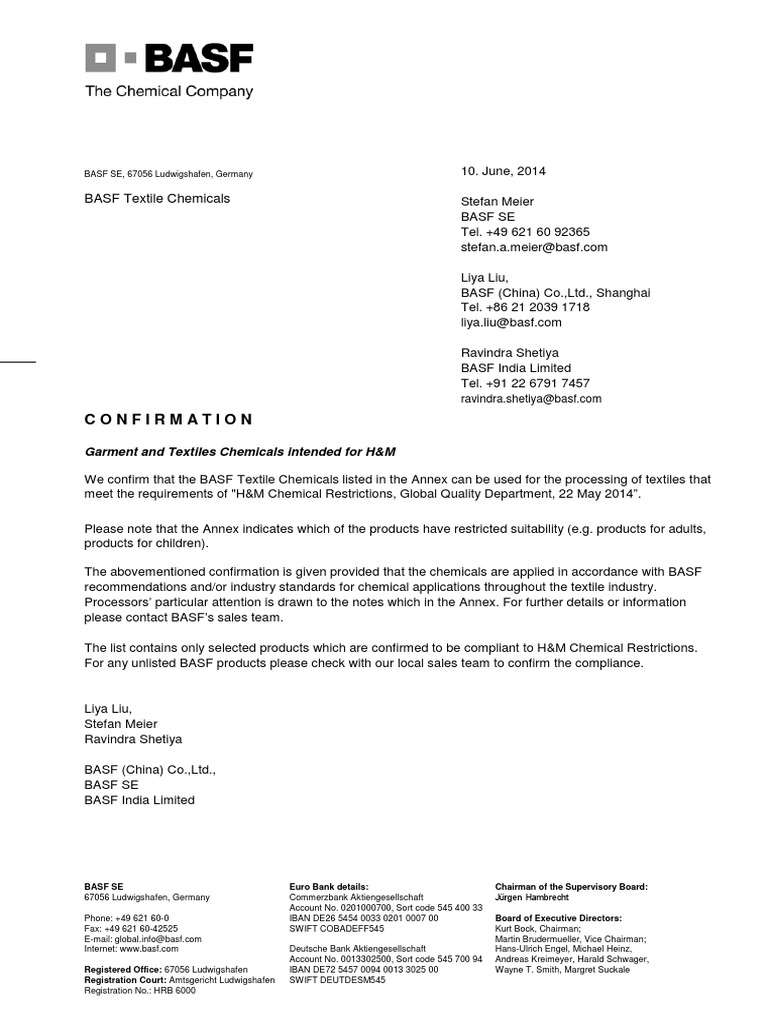 Chemical Positive List Certificate BASF PDF Formaldehyde Pigment