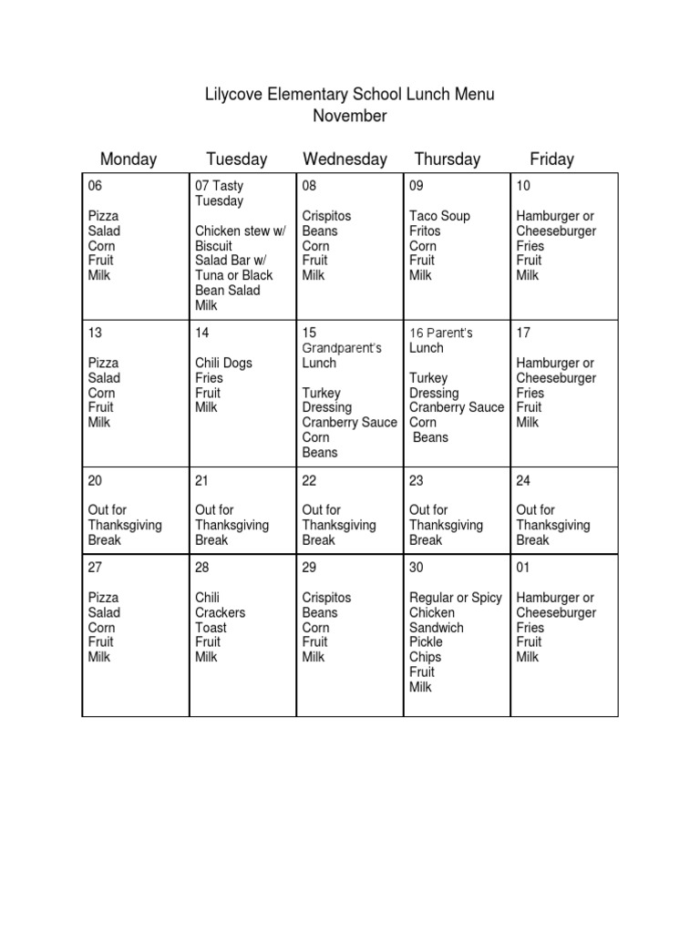 Lilycove Elementary School Lunch Menu PDF