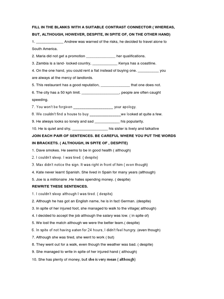 Exercises on Contrast Connectors | PDF | Language Arts & Discipline ...