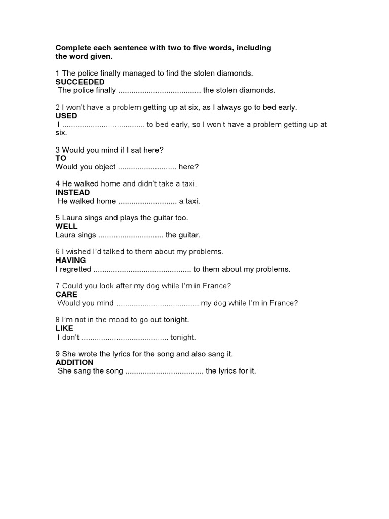 Complete Each Sentence With Two To Five Words | PDF | Mystery, Thriller &  Crime Fiction