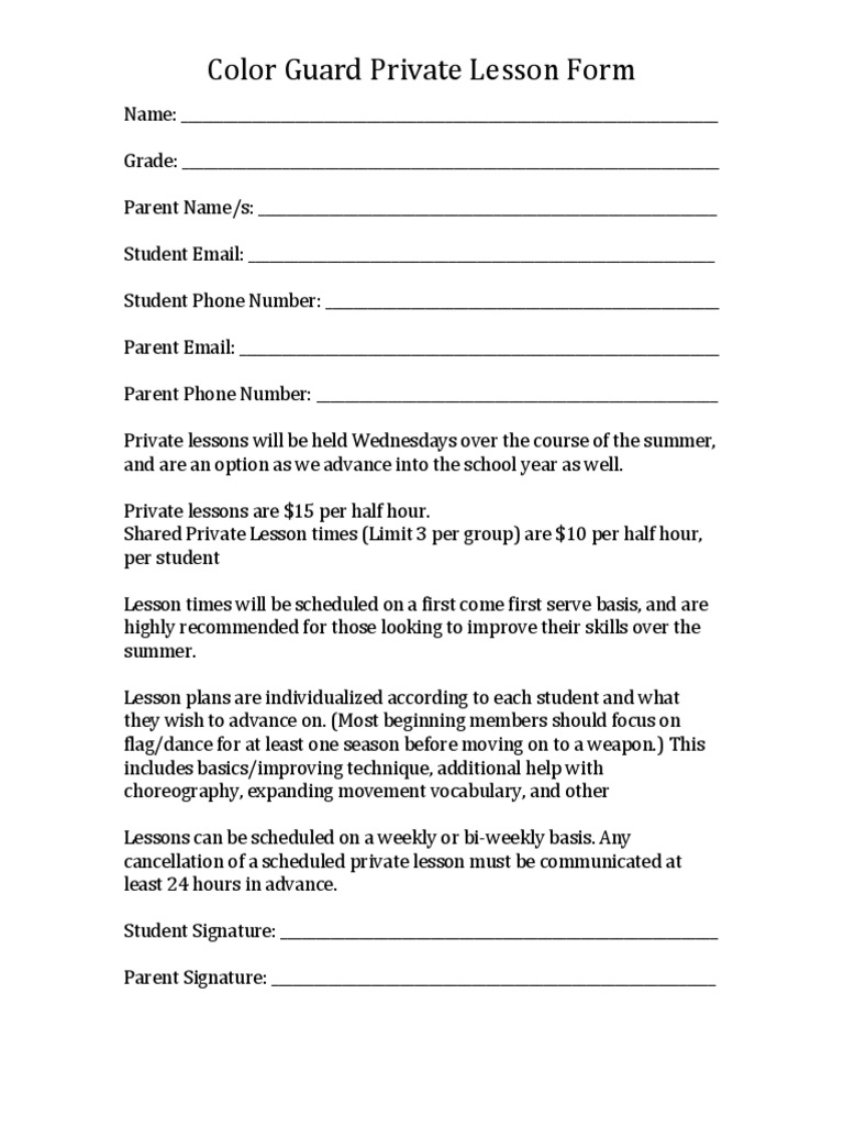 Color Guard Private Lesson Registration | PDF | Learning | Behavior ...