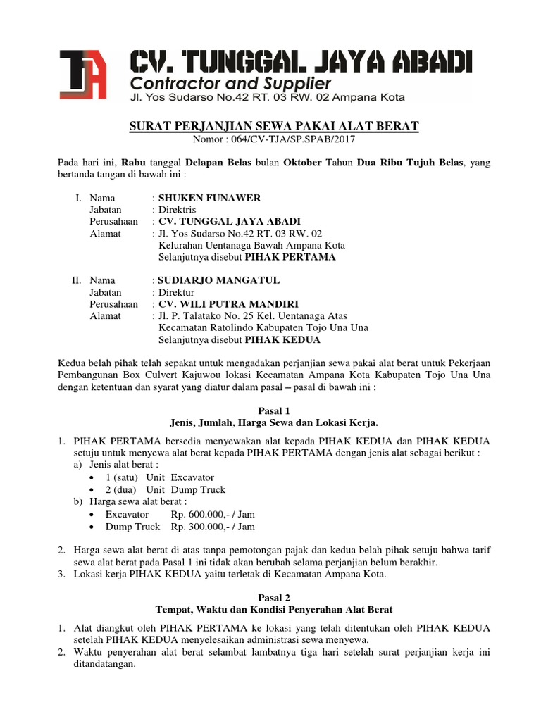 Surat Perjanjian Sewa Pakai Alat Berat