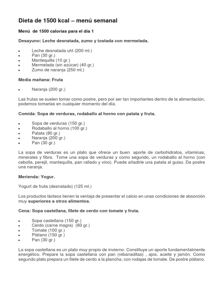 Menú Semanal de Dieta 1500 kcal | PDF | Panes | Postres