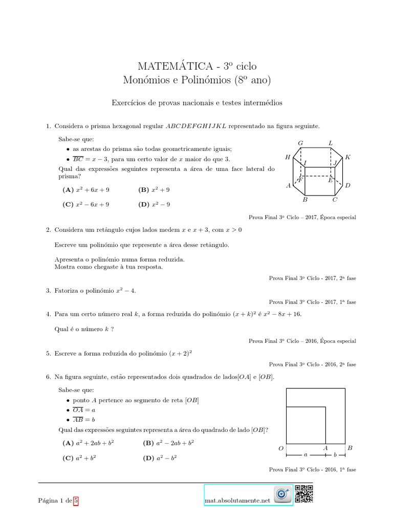 Exercícios de Polinômios - 8º Ano | PDF | Equações | Geometria